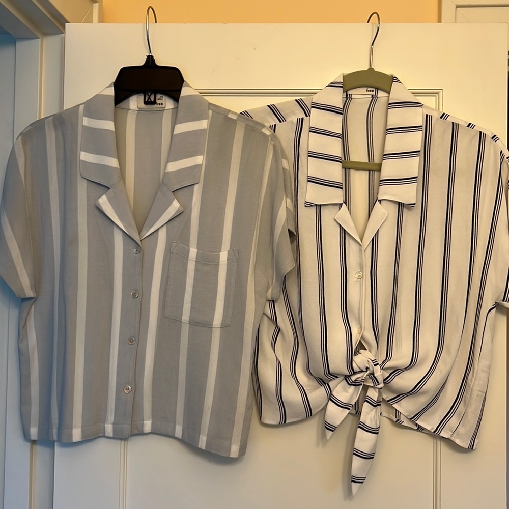 Aritzia Gray and White Striped Button Down Shirts